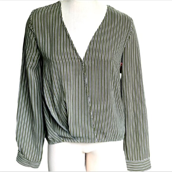 Hem & Thread Striped Long Sleeve Surplice V-Neck Blouse Sz L Olive Green 44G - Picture 2 of 7